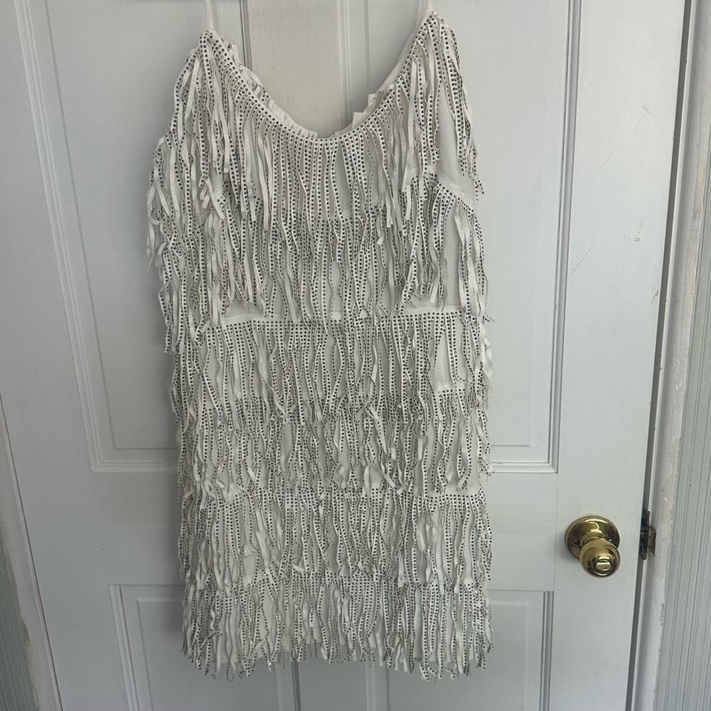 Boho Western Style White Fringe Mini Dress perfect for concerts and festivals